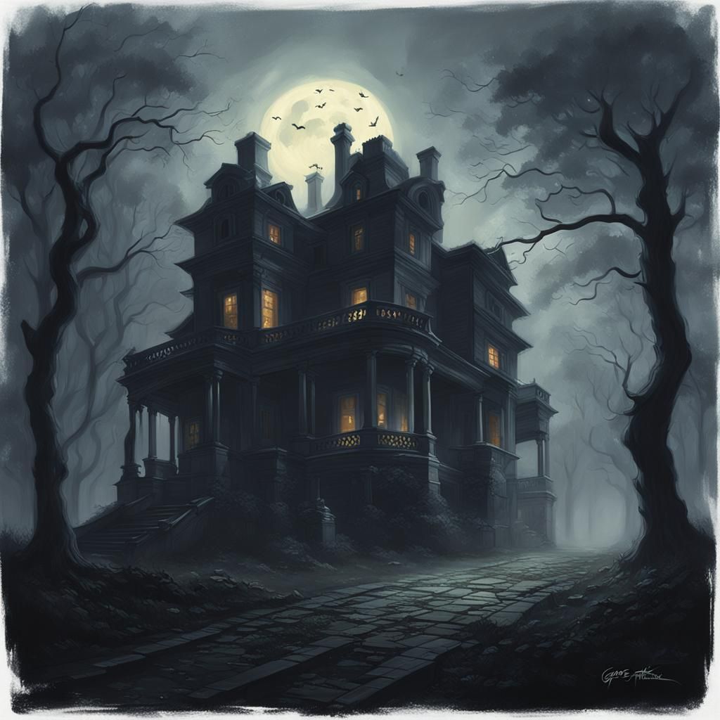 Sinister Mansion in Misty Night
