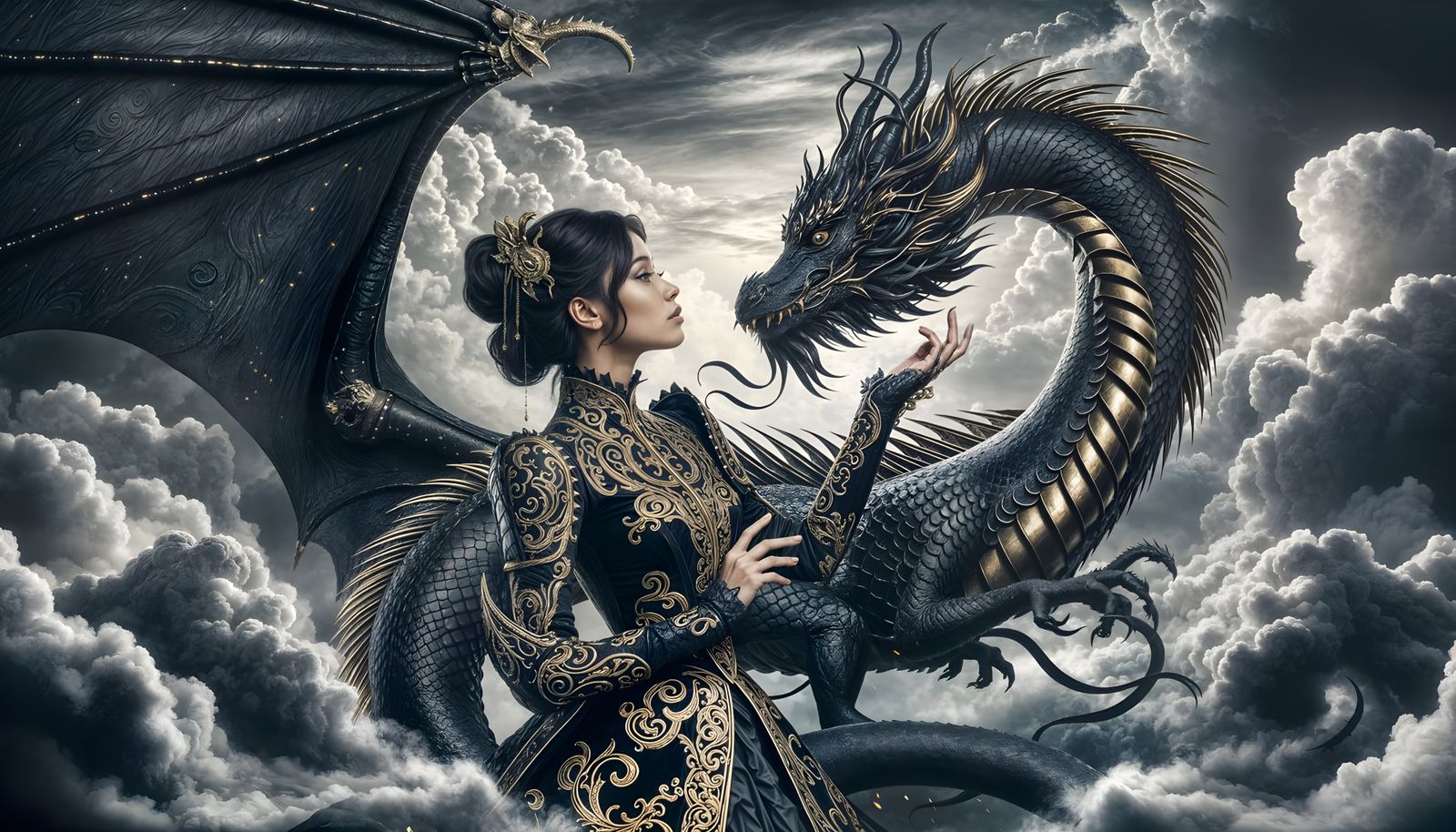 Dragon and Armored Woman in Ethereal Gothic Sky