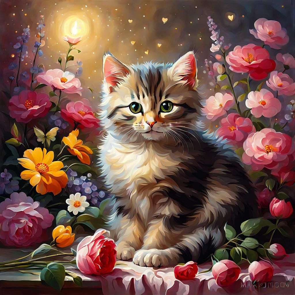 Cat Surrounded by Flowers in Social Realism Style