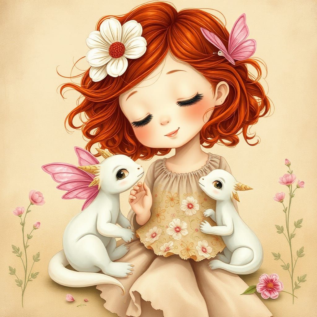 Girl with Dragon and Butterfly, Ethereal Illustration