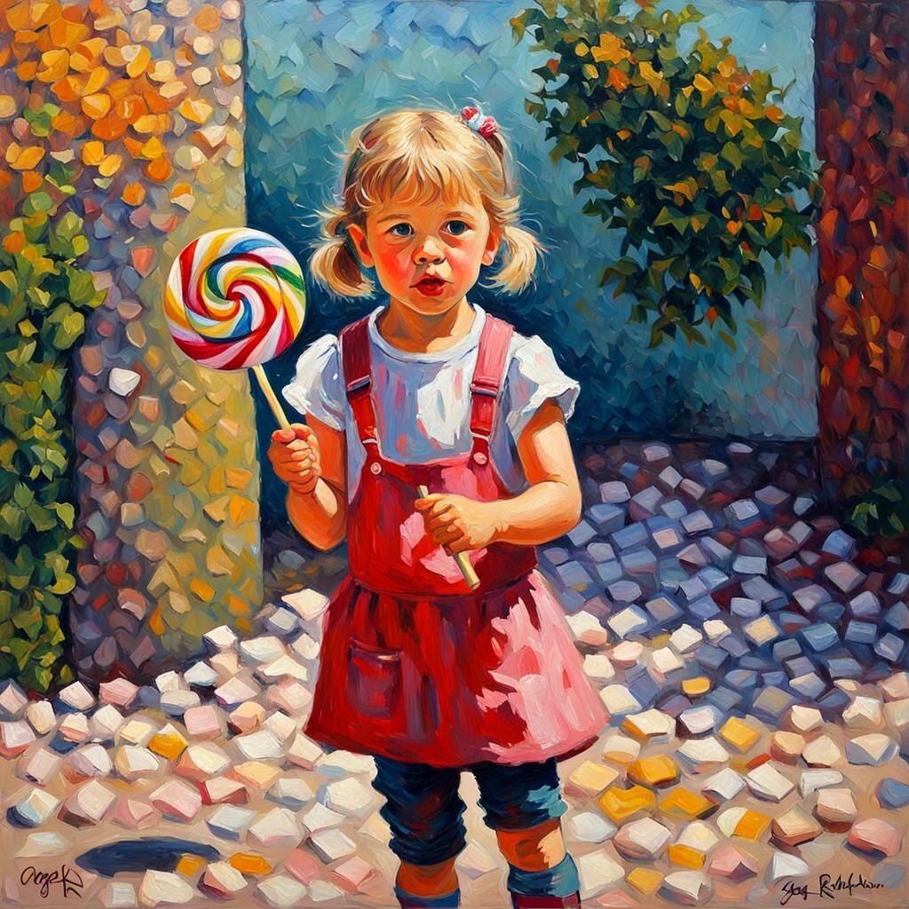 Girl with Lollipop in Expressionist Oil Painting