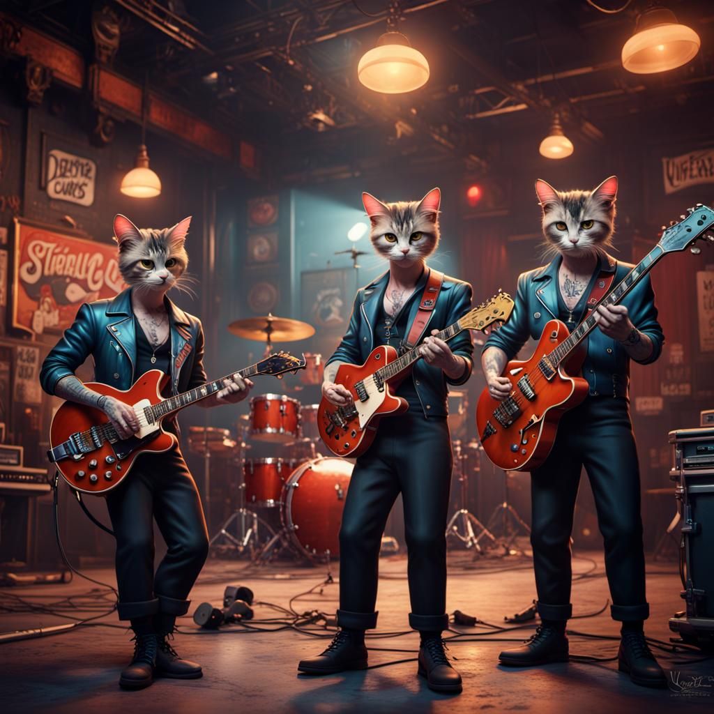 Stray Cats Rockabilly Band: Detailed Digital Painting