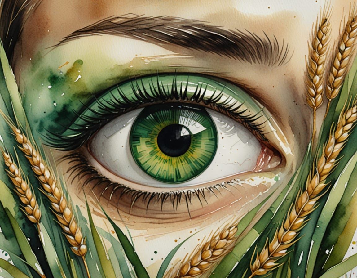 Emerald Eye in Golden Wheat, Antique Watercolor Style
