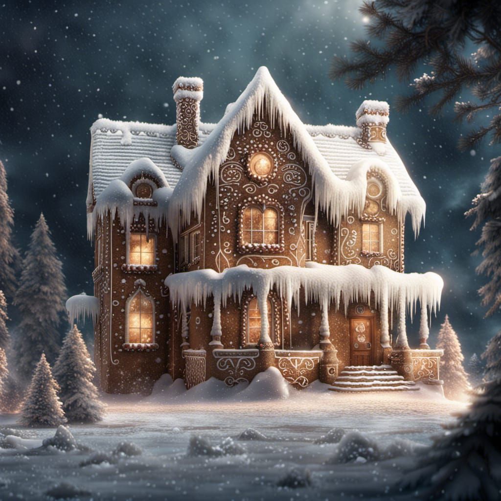 Icy Gingerbread House in Digital Matte Painting Style