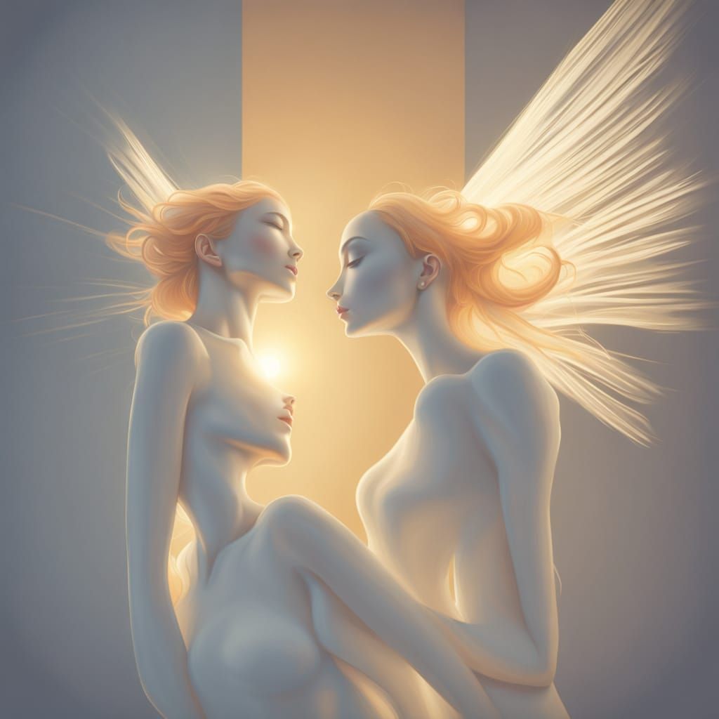Abstract Geometric Beings Share Radiant Light in Ethereal St...