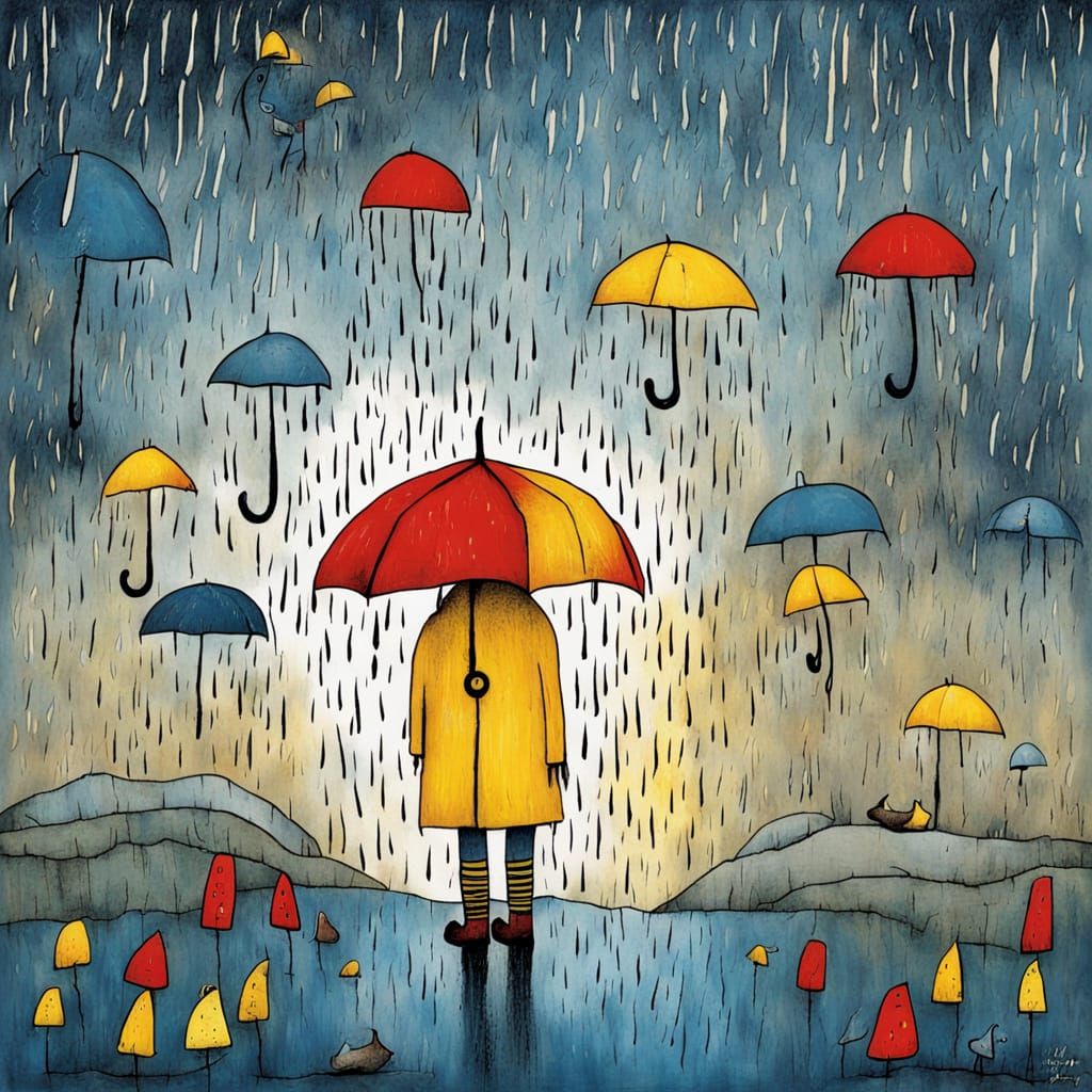 Surreal Scene of Rainy Blues and Yellows, Inspired by Miro's...