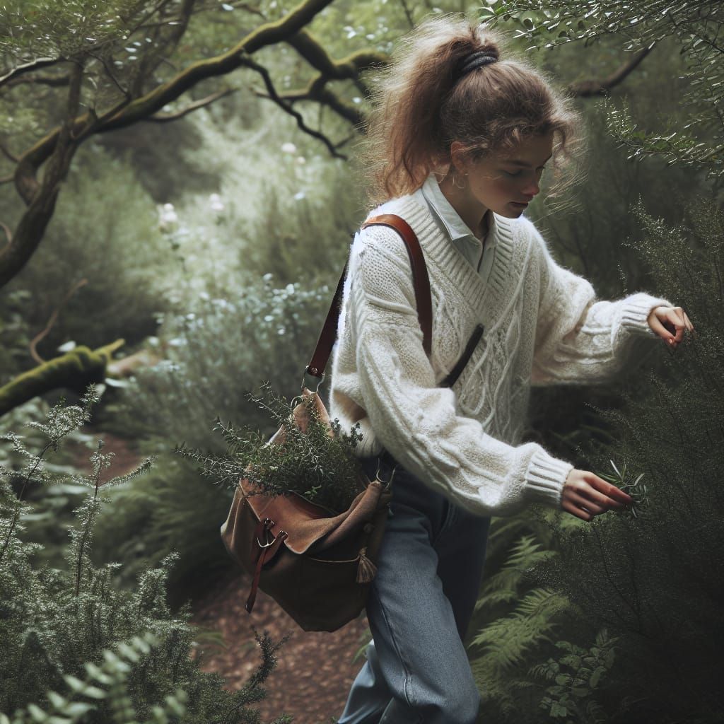 Young Woman Collecting Herbs in Mystic Forest