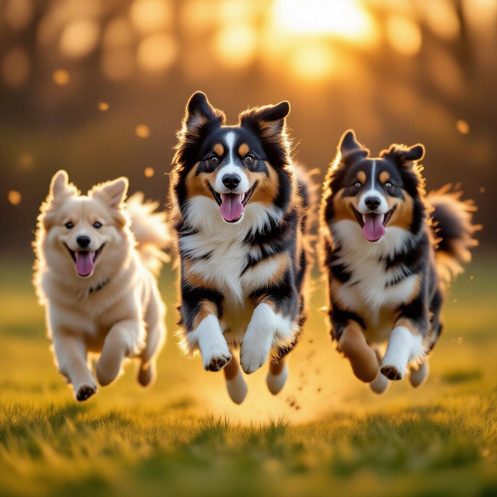 Joyful Purebred Dogs Mid-Leap in Golden Hour Light