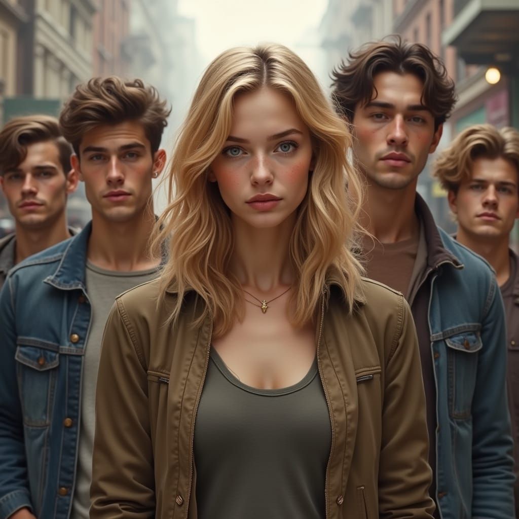 Young Woman Surrounded by Handsome Men in Urban Realism Styl...