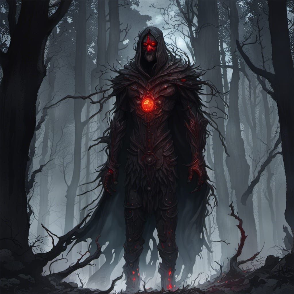 Eerie Dark Figure with Red Eyes in Forest