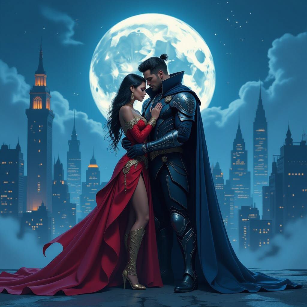 Hero and Villain Embrace in Dramatic Cityscape