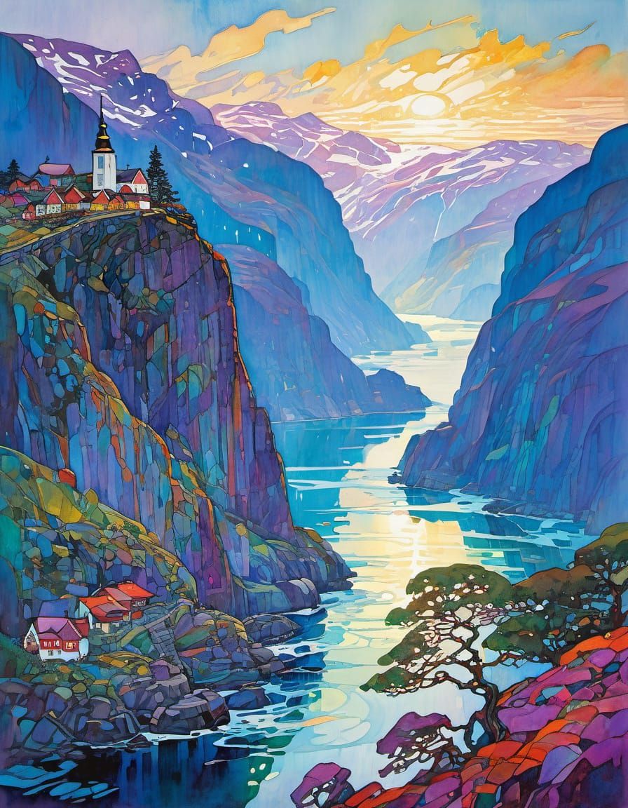 Misty Norwegian Fjord in Art Nouveau Style