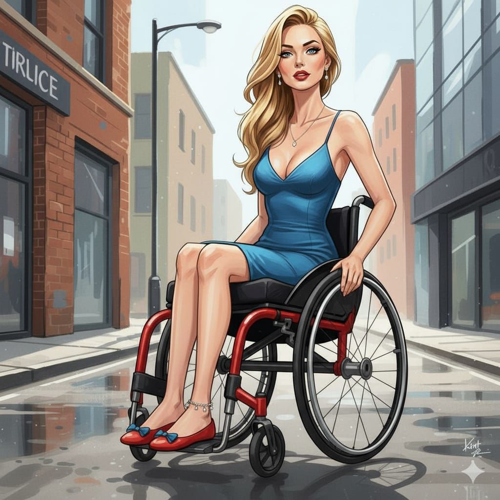 Woman in Blue Dress with Custom Wheelchair in Urban Scene