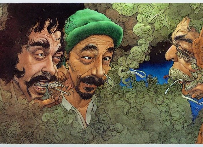 Cheech and Chong Smoking Weed in Watercolor Style