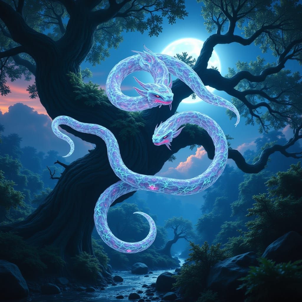 Two-Headed Crystal Serpent Around Ancient Oak