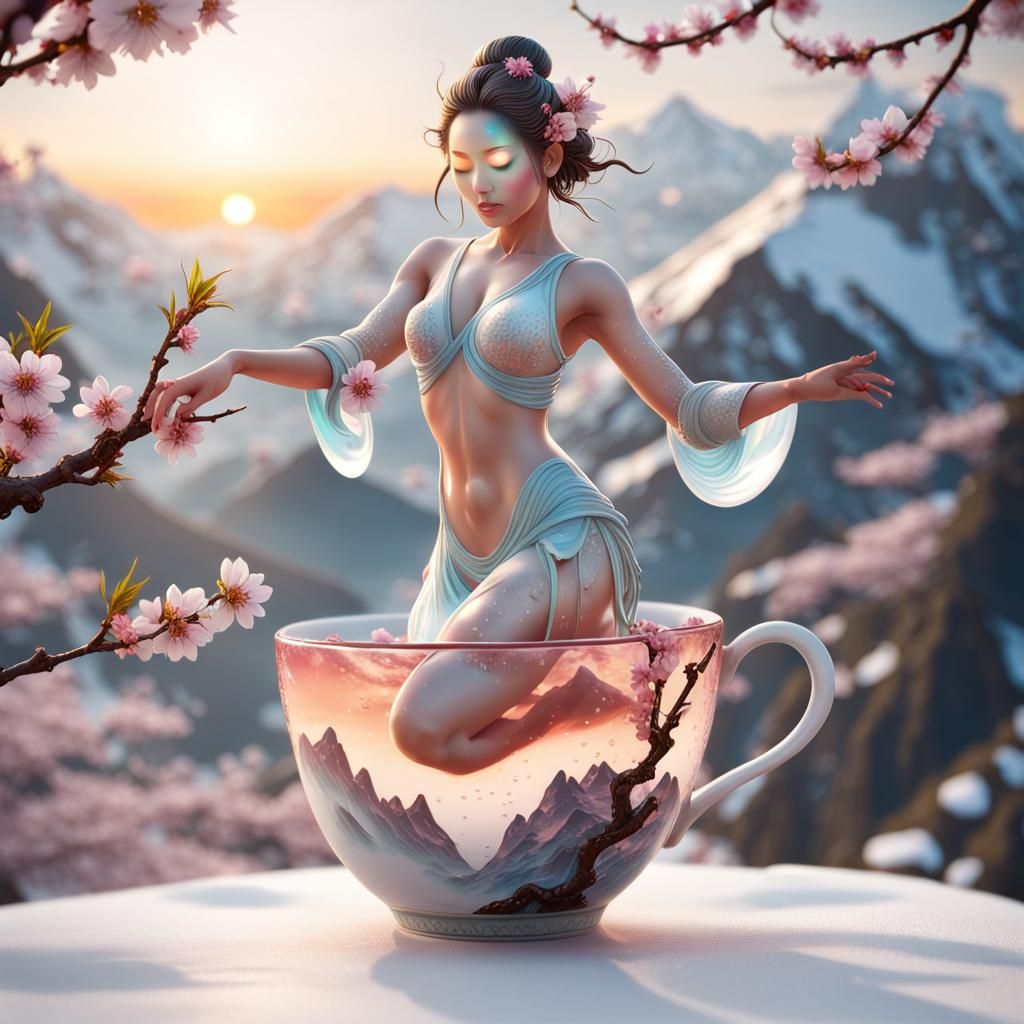 Waterdrop Dance in Zen Tea Cup, 3D Rendered