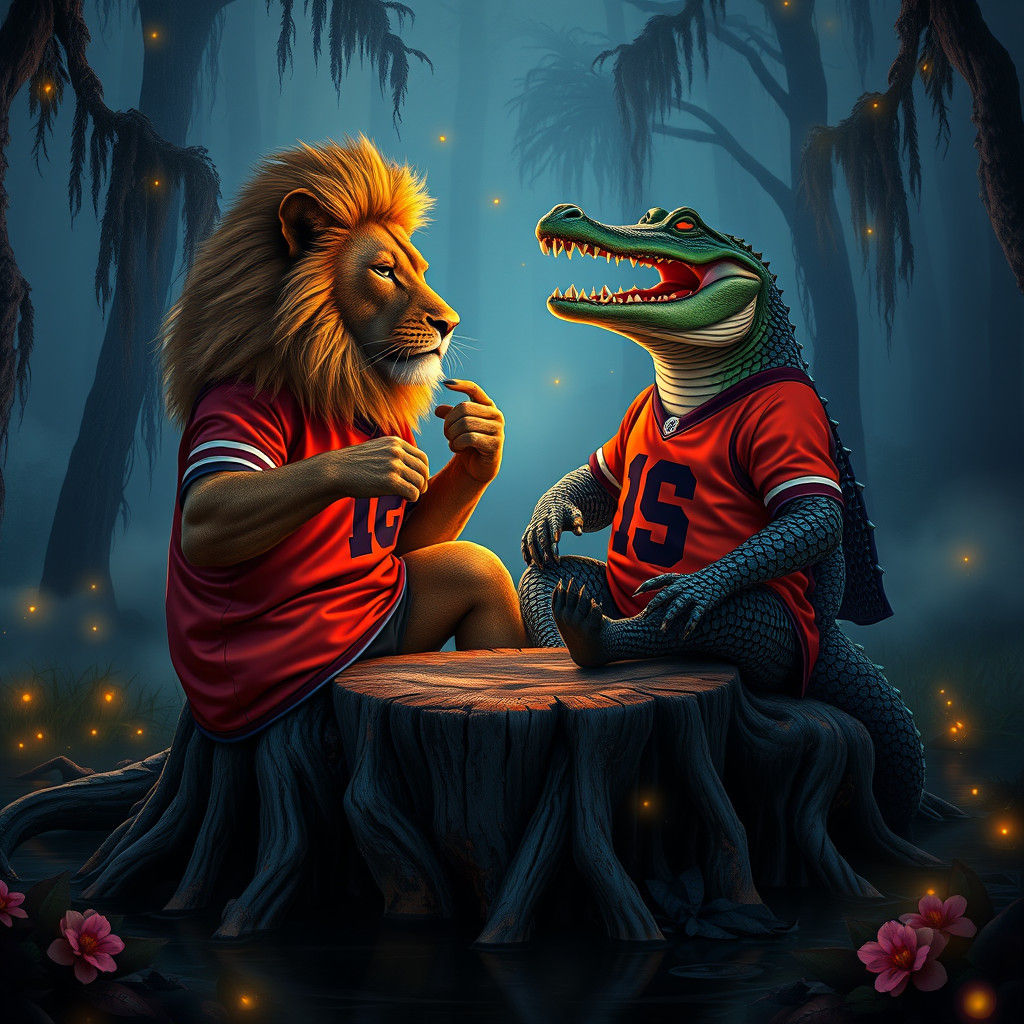 Lion and Alligator Discuss Basketball in Twilight Swamp