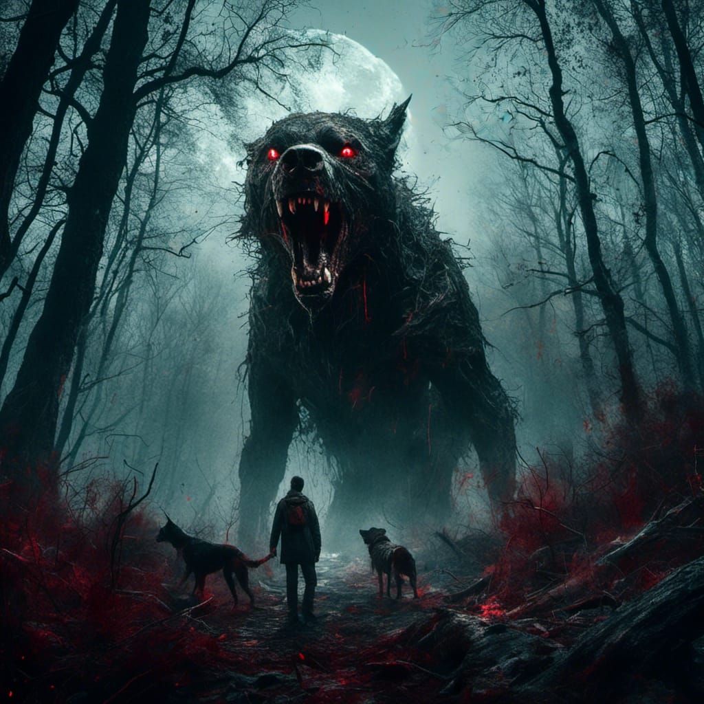 Man Defends Against Monster Dog in Mystic Forest