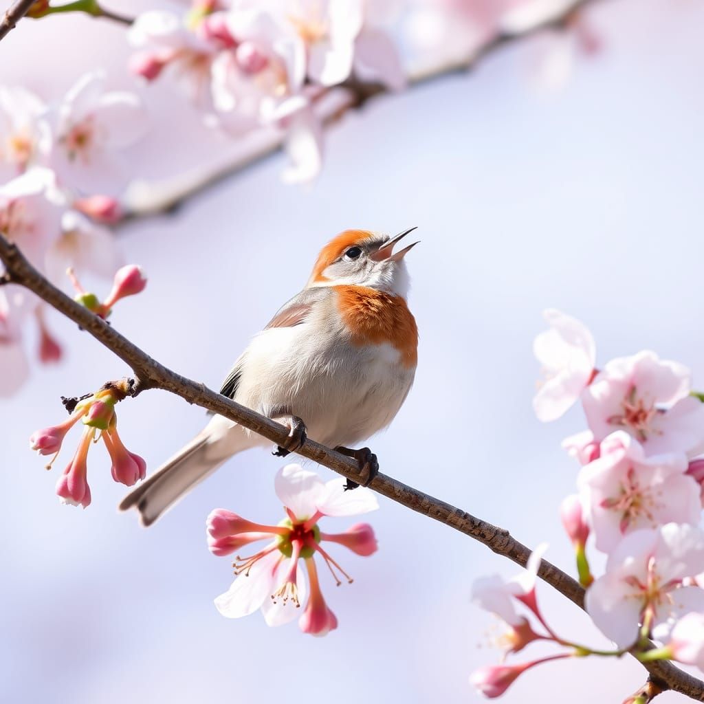 Bird Song on Cherry Blossom Branch