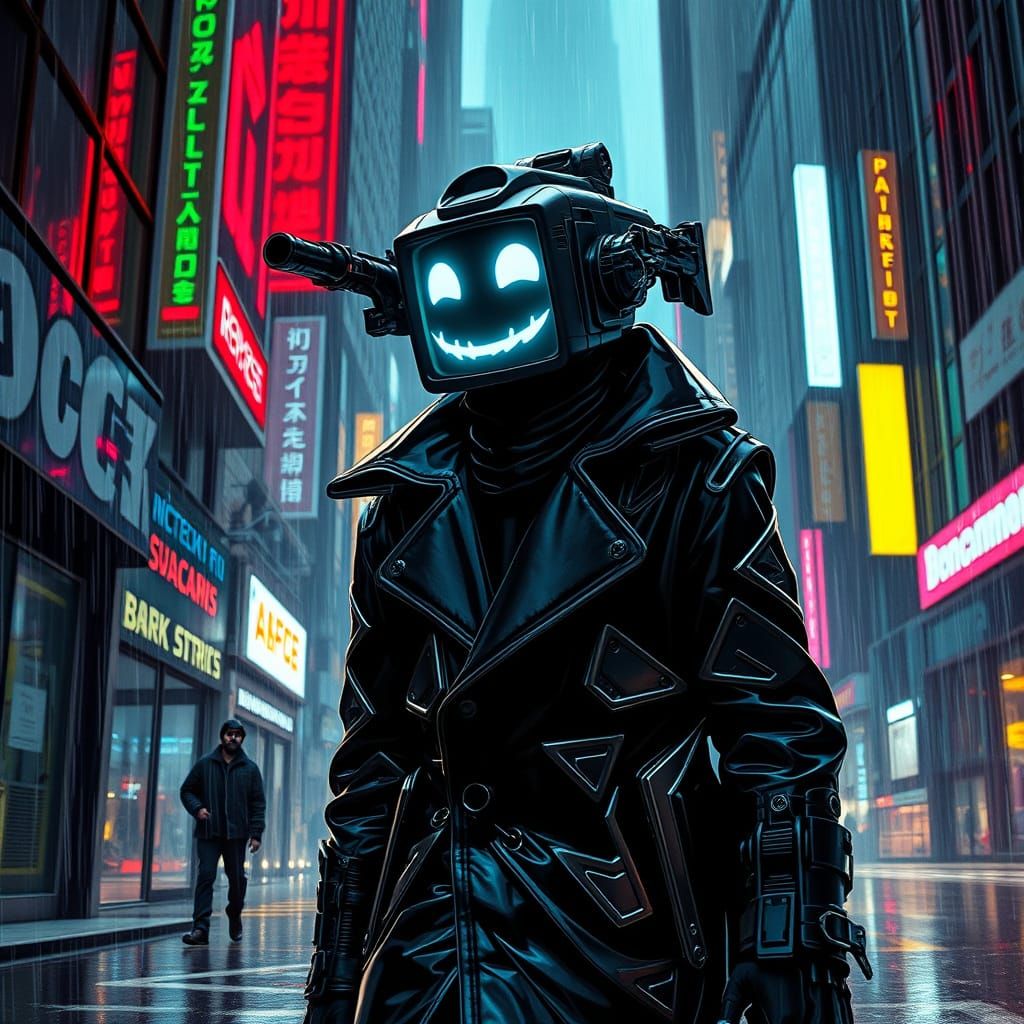 Cyberpunk Machine Gun Head Strolls Through Acid Rain