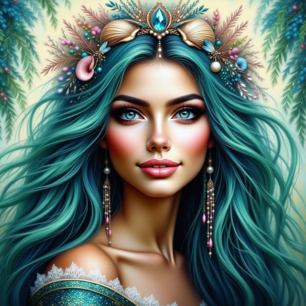 Mermaid Queen with Seashell Crown in Airbrush Art Style