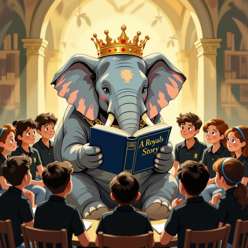 Regal Elephant Reads To Attentive Teenagers
