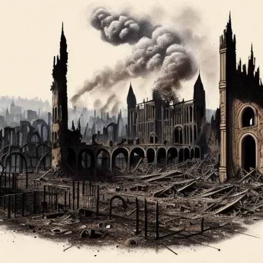 Ruined Medieval Town Sketch in Black and White