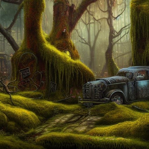 Mossy Junkyard Reclaimed as Fantasy Concept Art