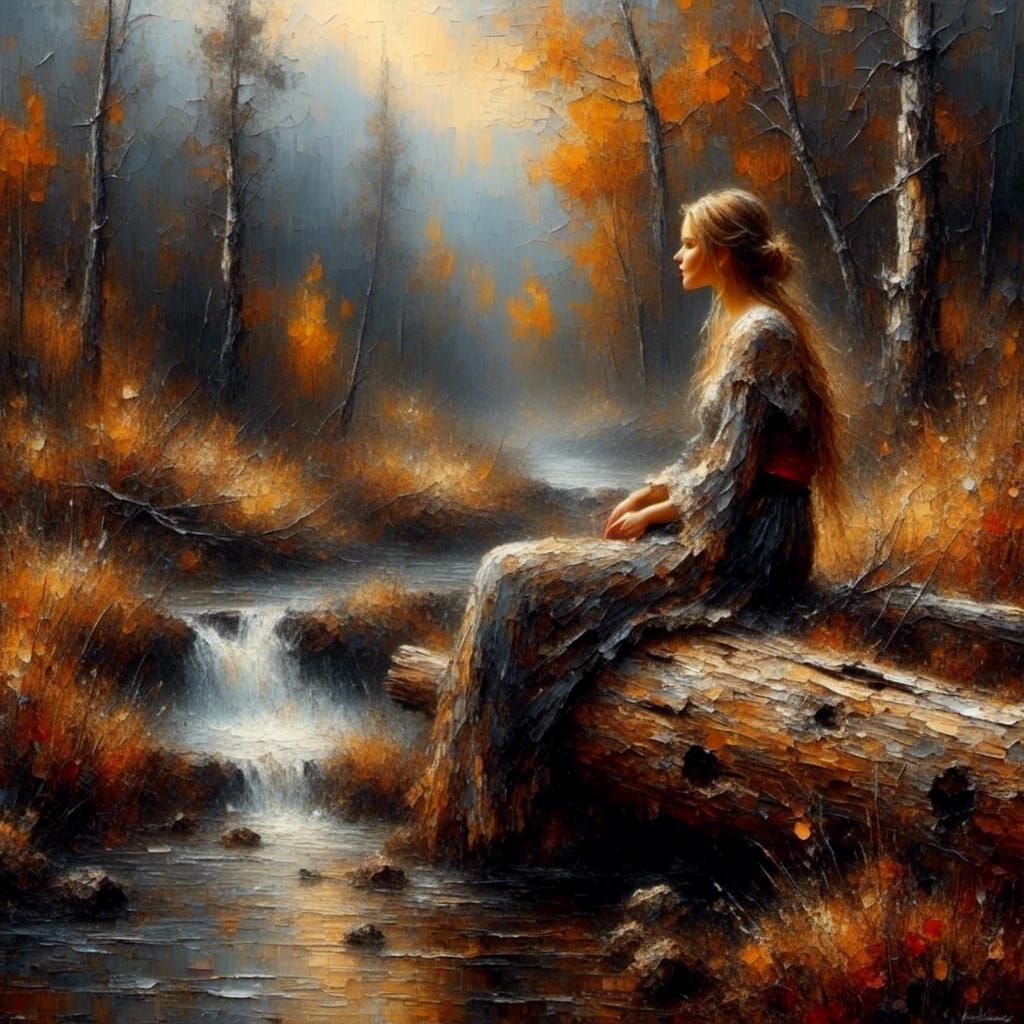 Texturized Woman Sitting on Log by River