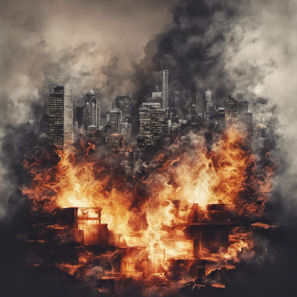 Fiery Cityscape: Double Exposure Splash Art