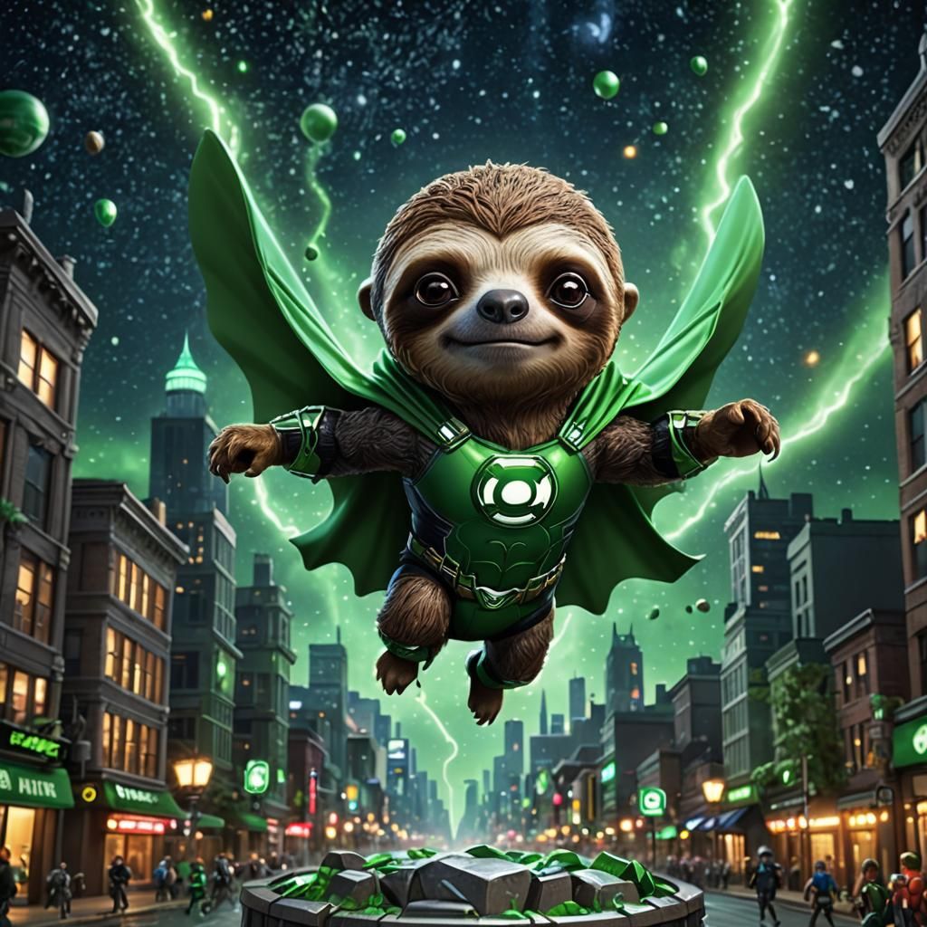 in Gotham City, A flying sloth dressed in a superhero costum...