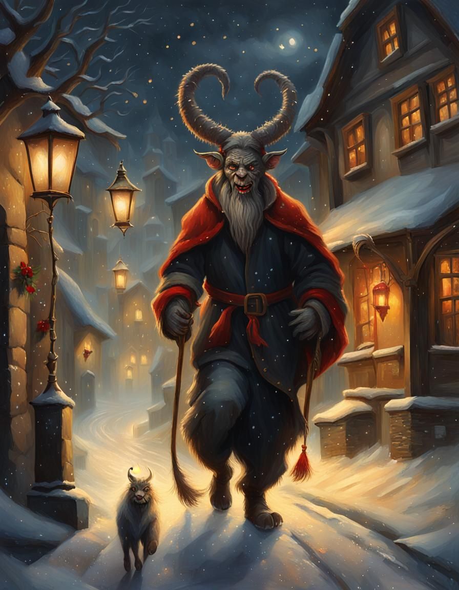 Krampus in Snowy Village as Atmospheric Oil Painting