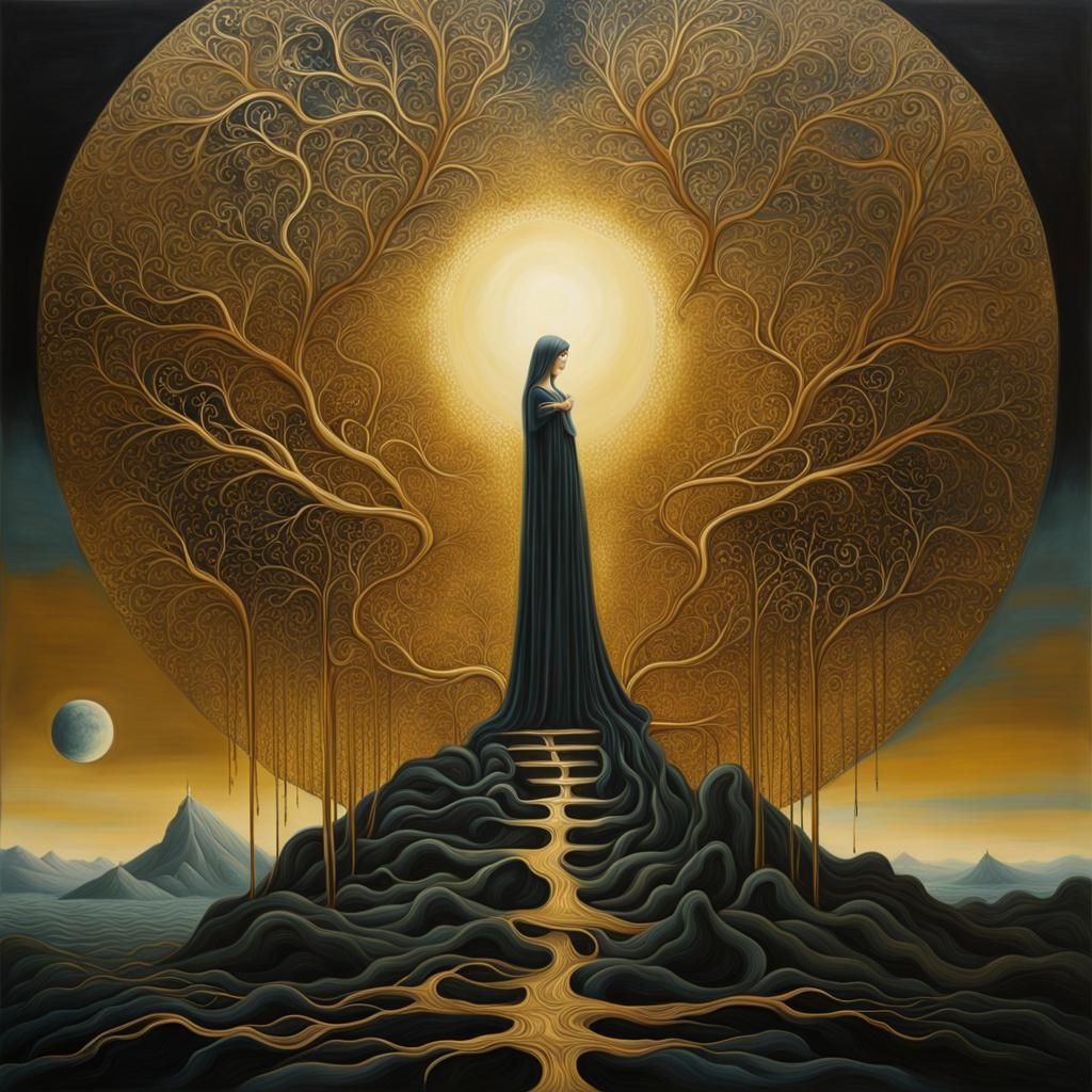 Surrealist Painting with Golden Outlines and Cinematic Feel