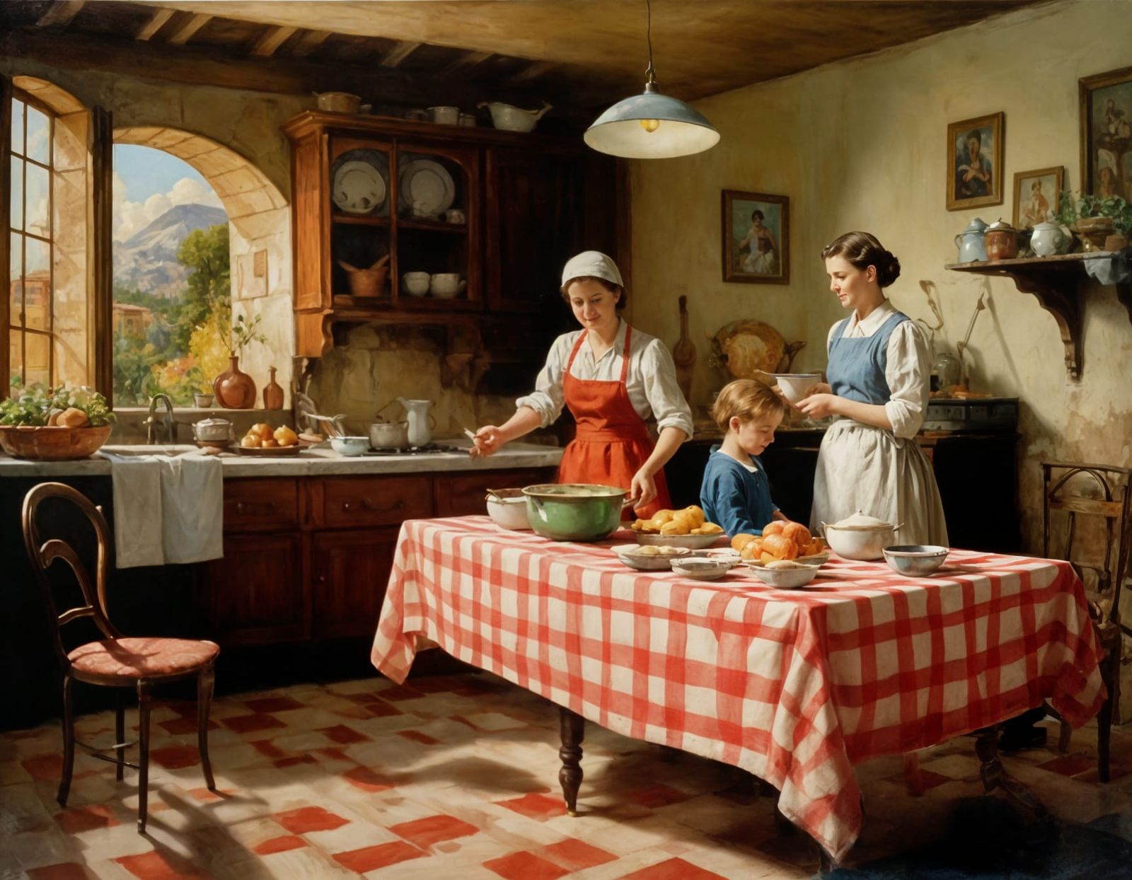 Vintage Italian Villa Kitchen Scene as Oil Painting
