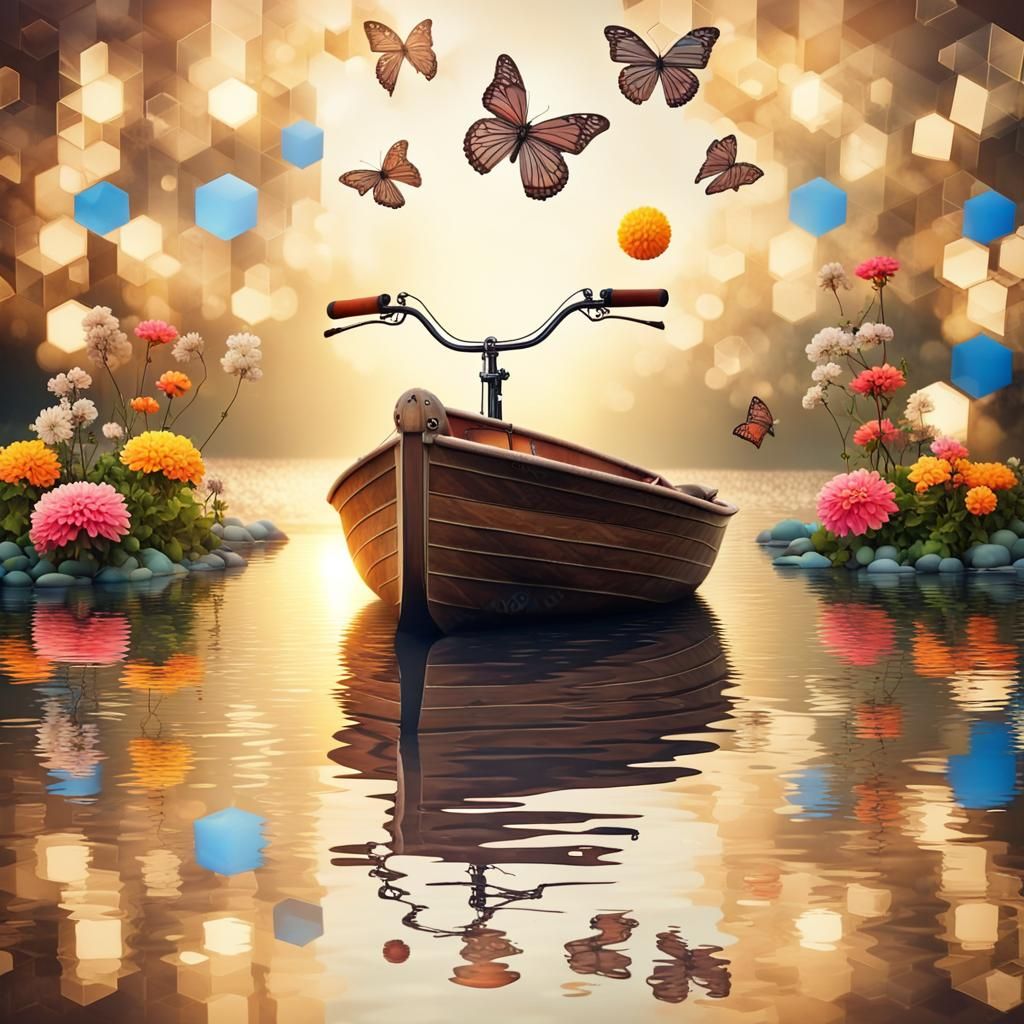 Old Bike Sails on Calm River with Flowers