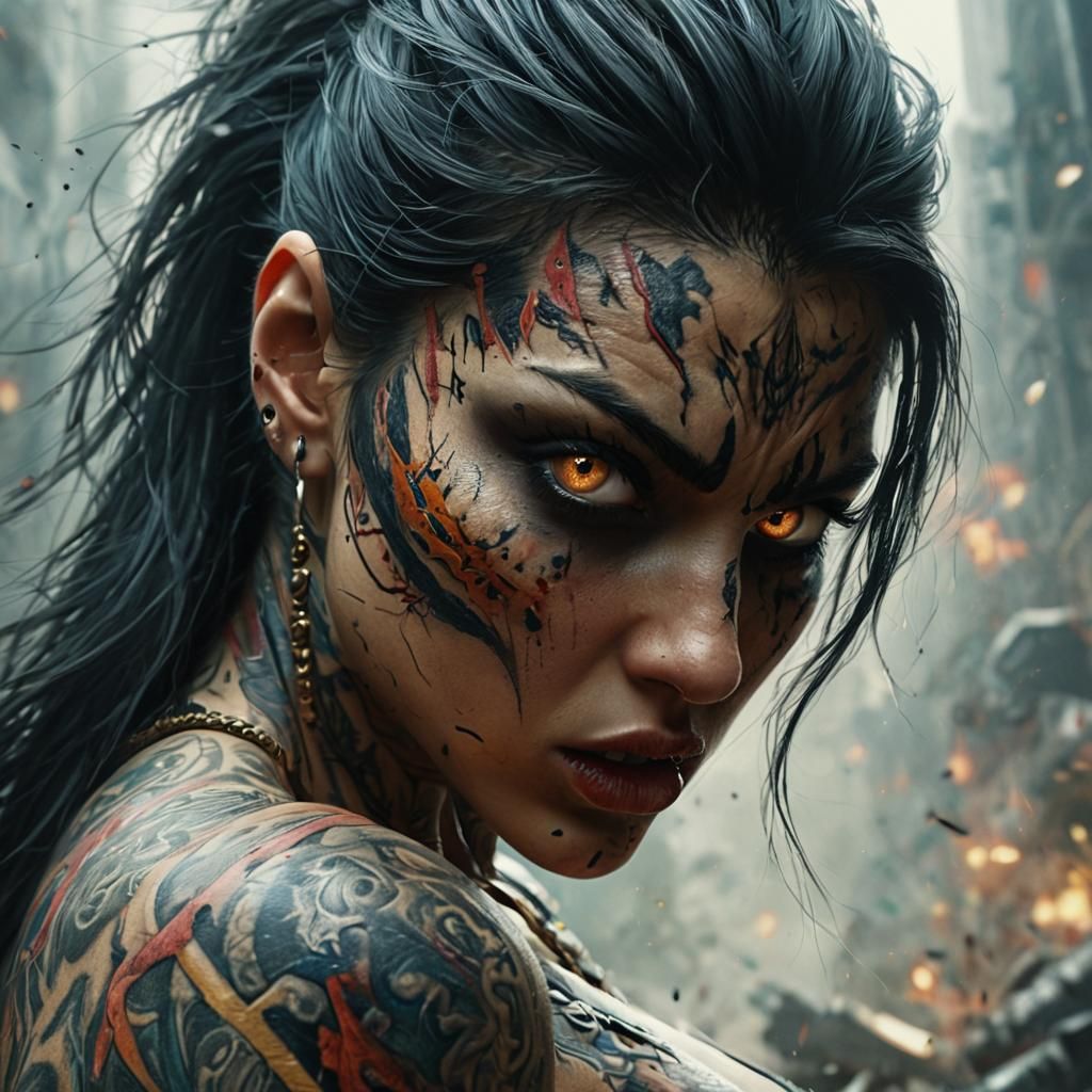Warrior Woman Tattoo Portrait in Dark Fantasy Style