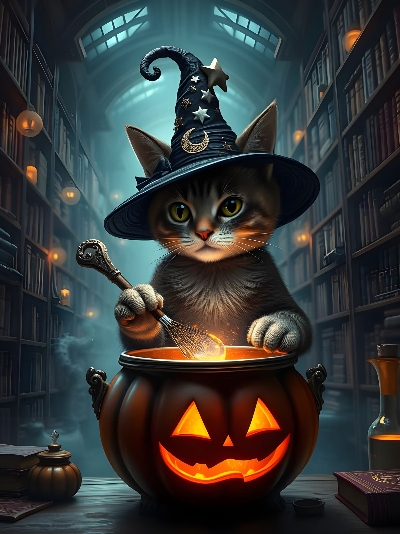 Majestic Whimsigoth Cat in Enchanted Library