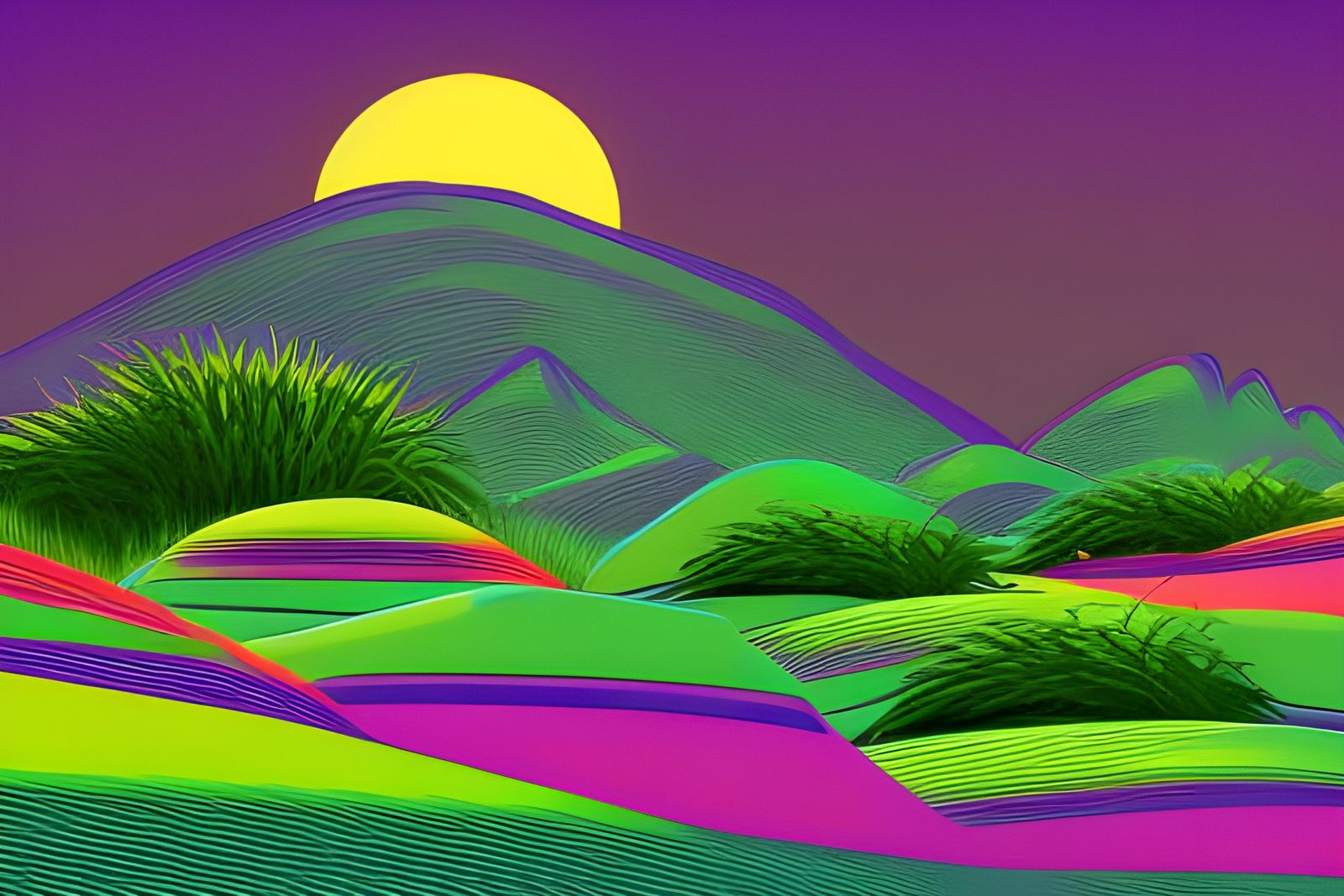 rolling green hills with tall grass and a blue sky synthwave neon retro