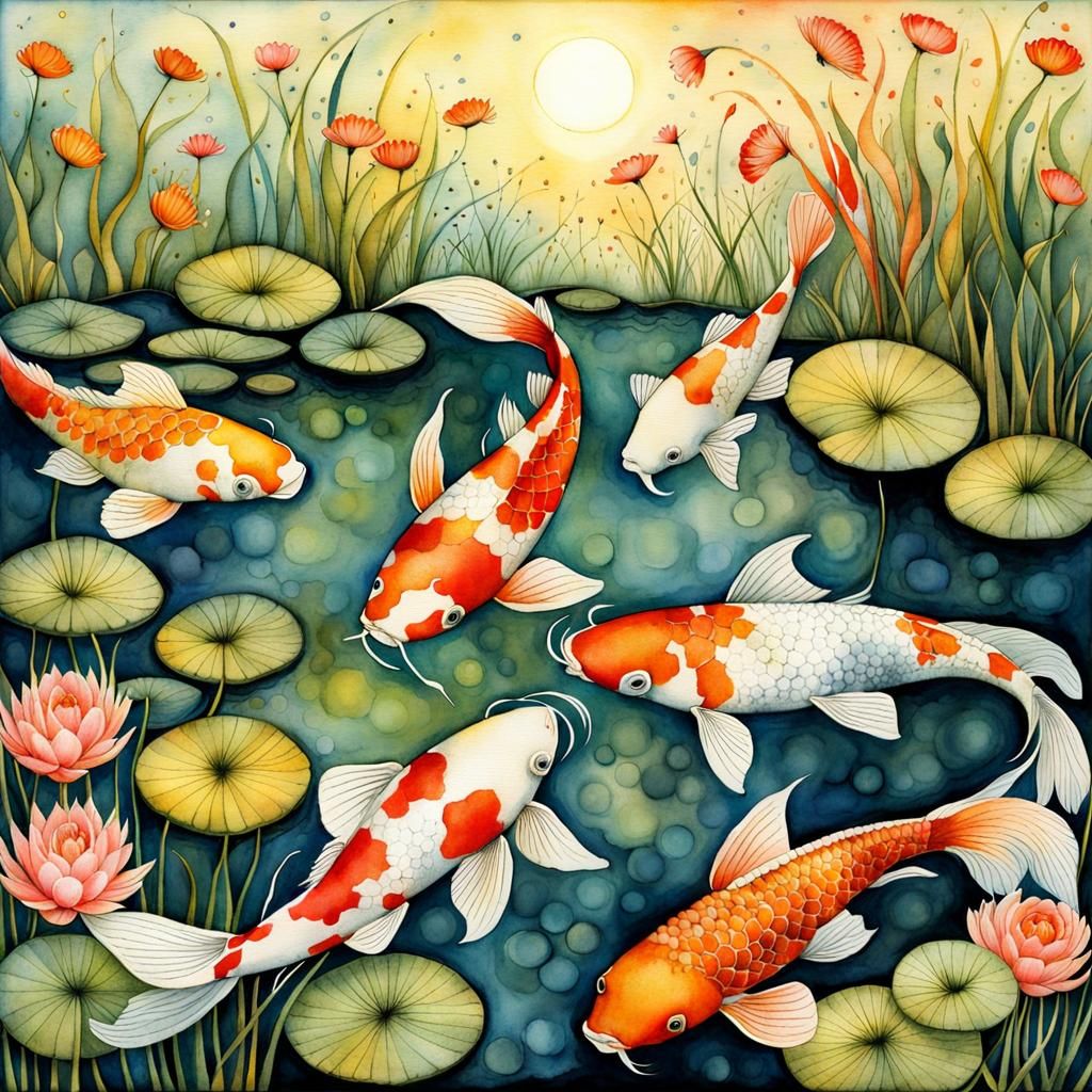 Whimsical Koi Fish Pond at Golden Hour