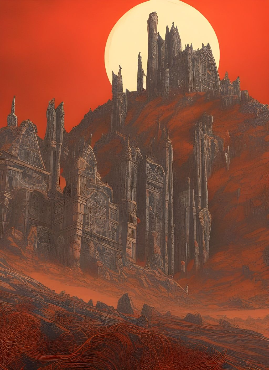 Gothic Mansion in Dystopian Wasteland, Copper Engraving