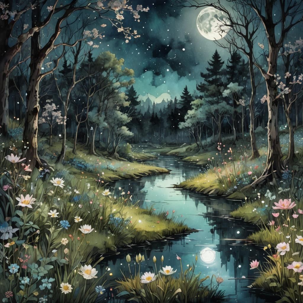 Moonlit Meadow Digital Watercolor with Constellations