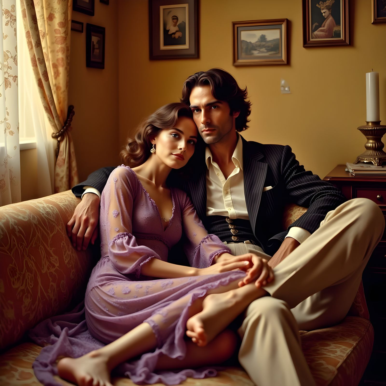 Romantic Couple in Cozy 1970s Setting