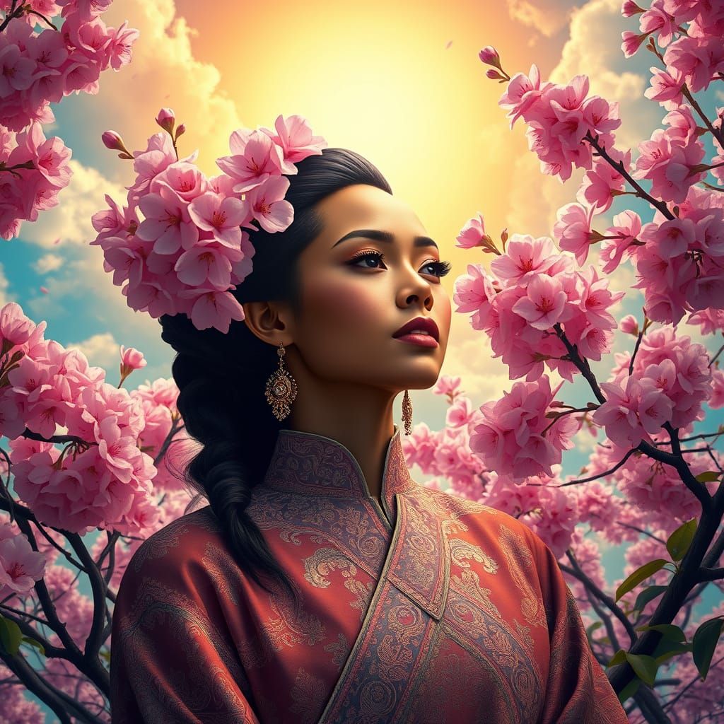 Surreal Cherry Blossom Goddess in Hyper-Realistic Portrait