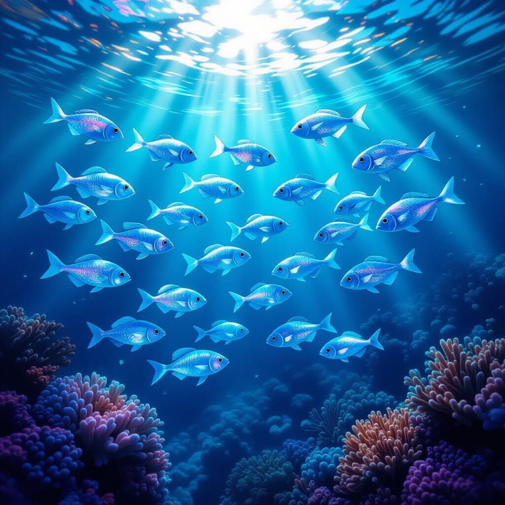 Sea Glass Fish School in Bioluminescent Coral Reef
