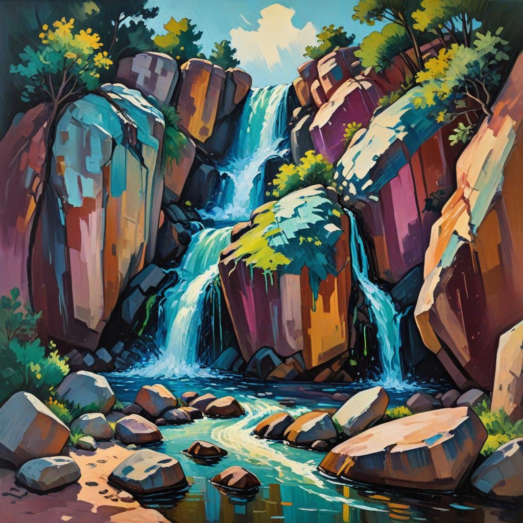 Expressionist Twilight Waterfall with Vibrant Fauvist Style