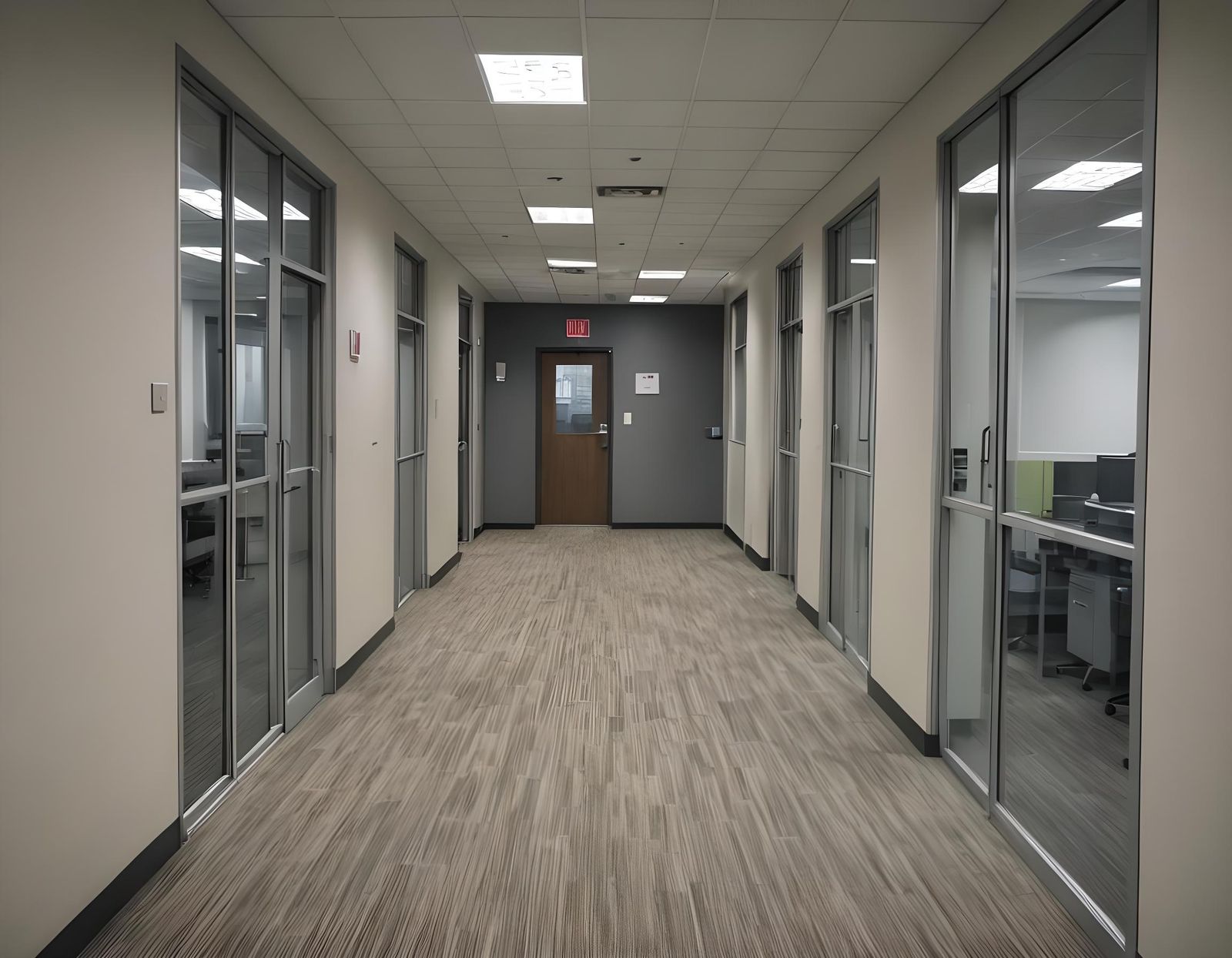 Modern Office Hallway with Glass Doors