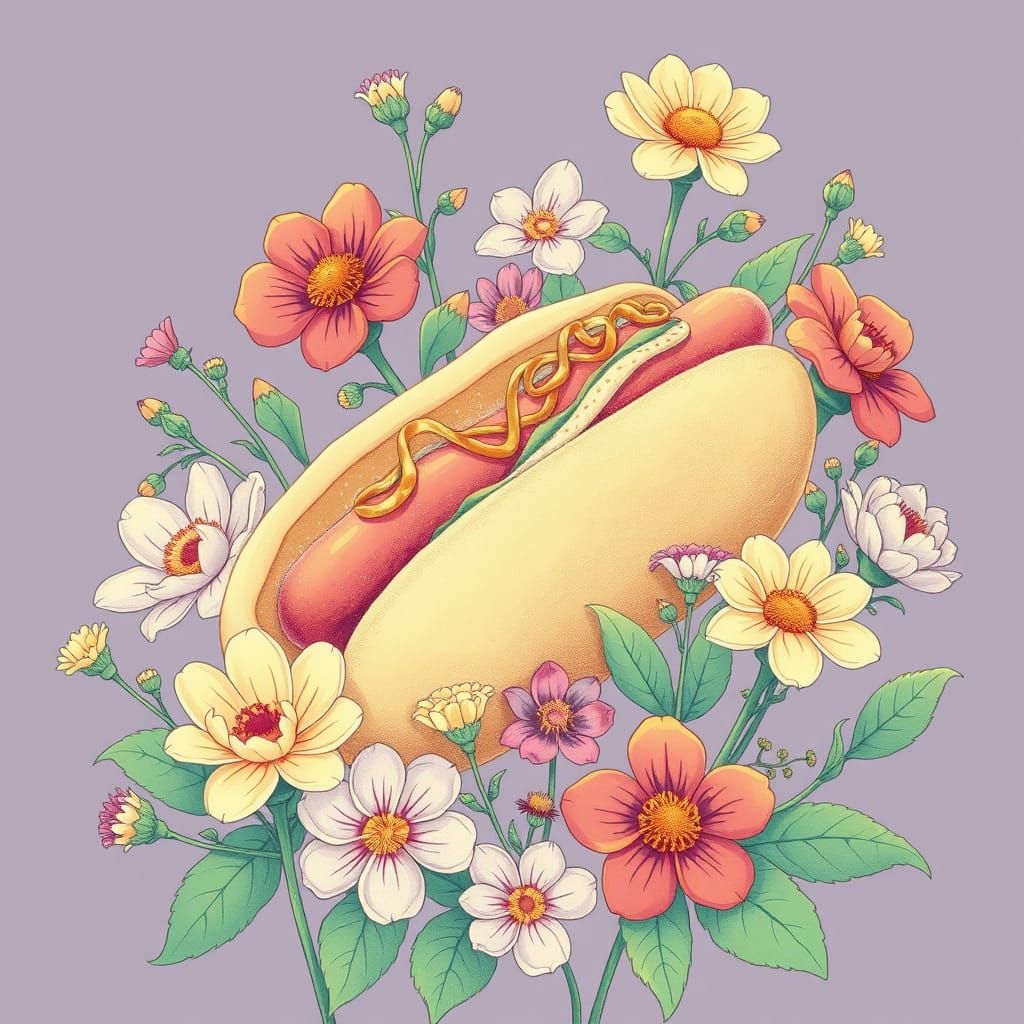 Hotdog Surrounded by Flowers in Manhwa Style