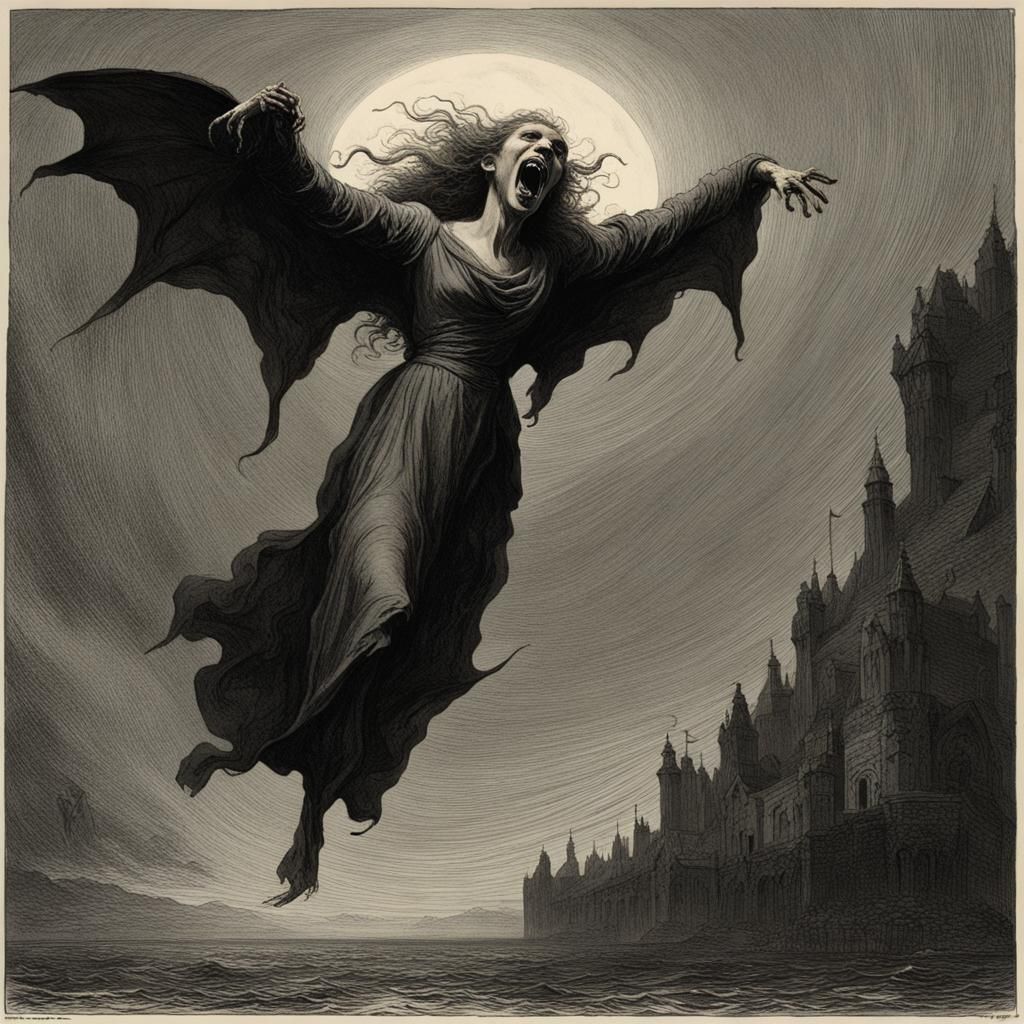 Horror Banshee Screaming in Gustave Doré Style