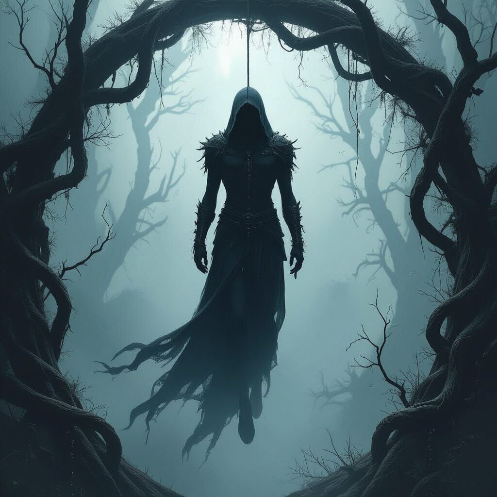 Eerie Figure Suspended in Dark Surrealism