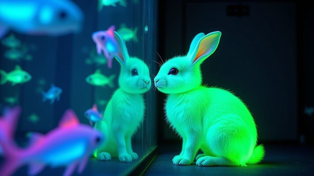 Fluorescent Bunny Gazing at Bioluminescent Fish